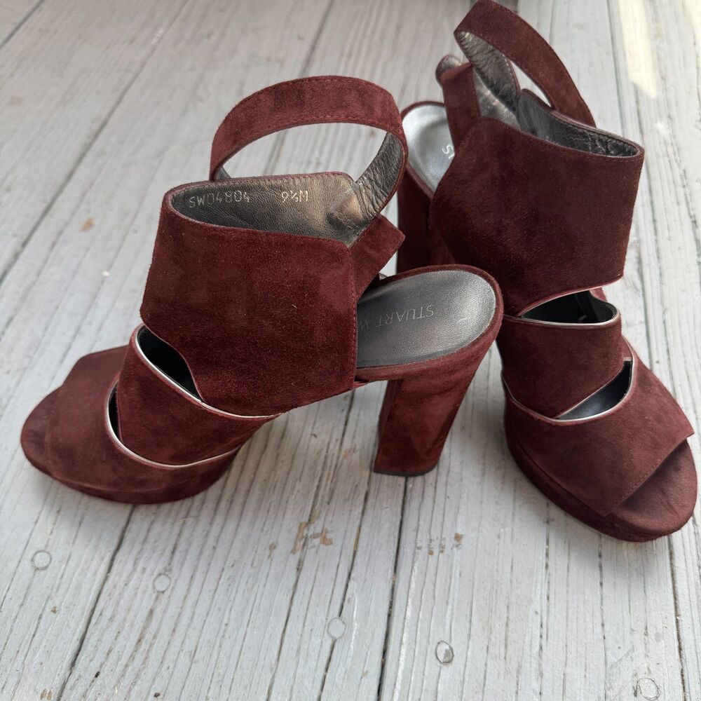 Stuart Weitzman Suede Sandal Peep Toe Wine Color Platform Chunk Heel Fashion